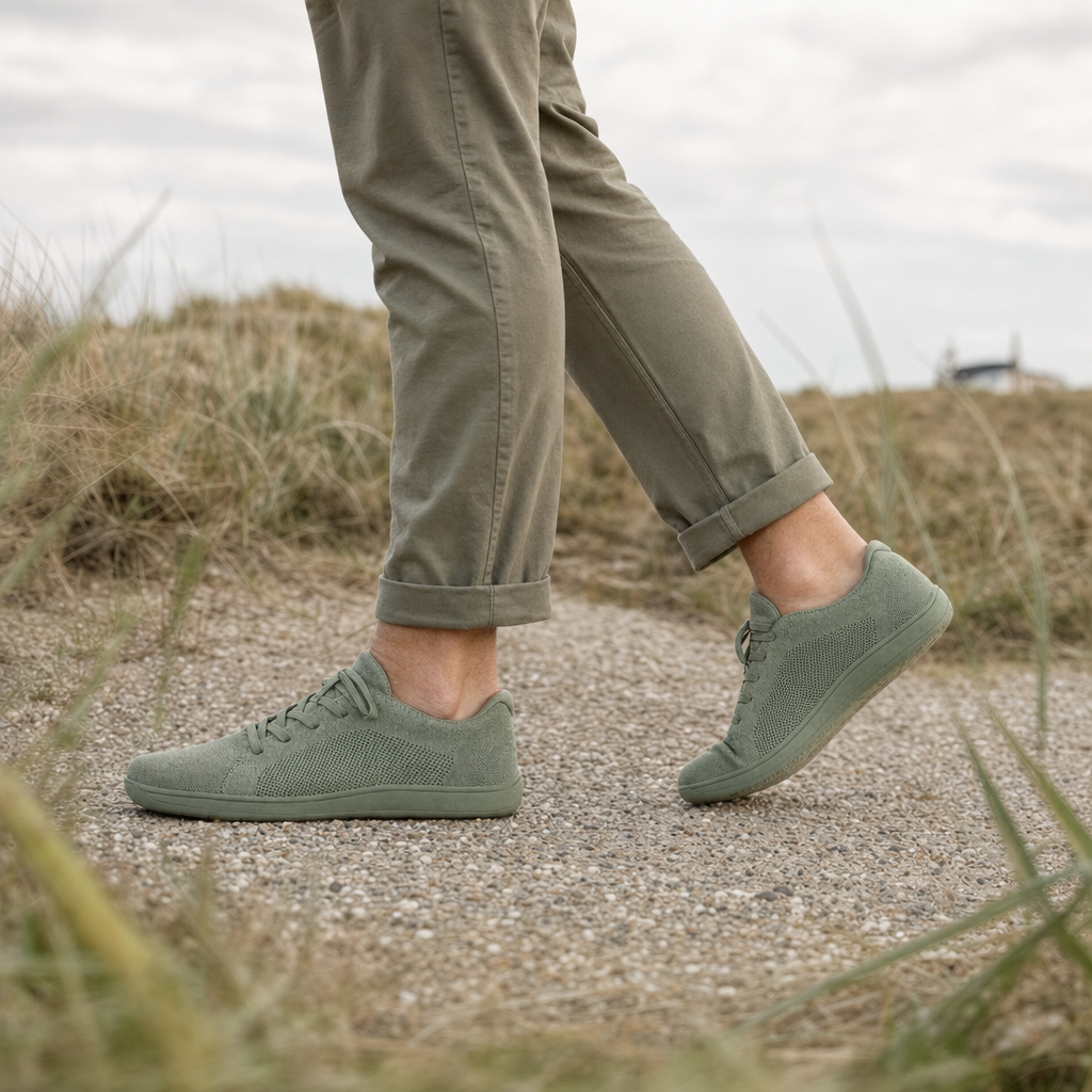 Barefoot sneakers in groen, gedragen op een wandeling door de duinen