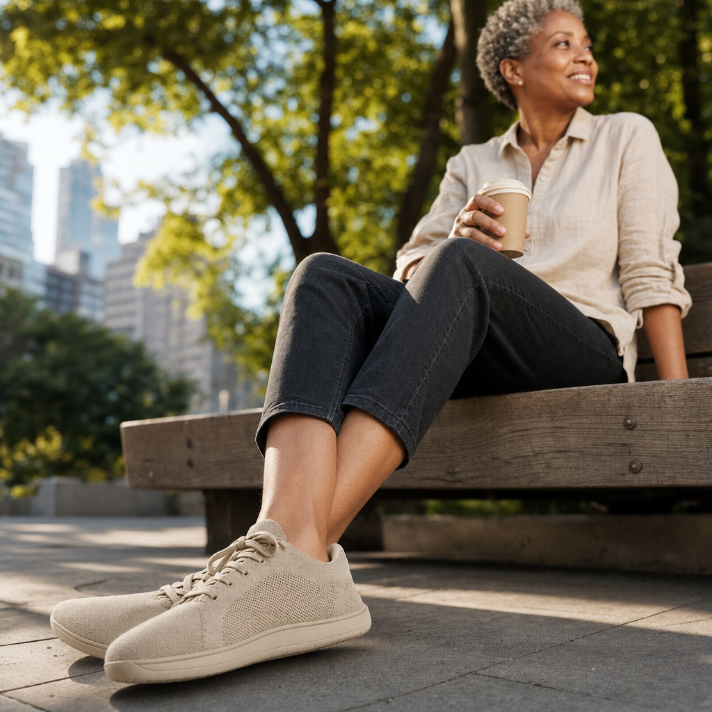 Barefoot sneakers in beige op een bankje in het park