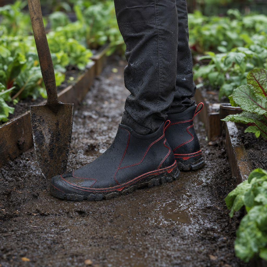 PVC enkellaarzen in zwart/rood in de moestuin na de regen