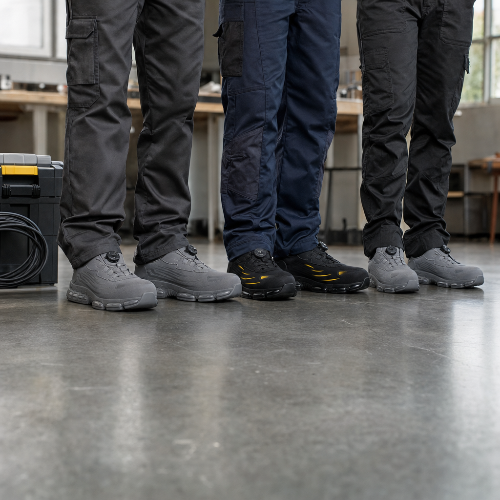 De veiligheidsschoenen in grijs en zwart in de werkplaats