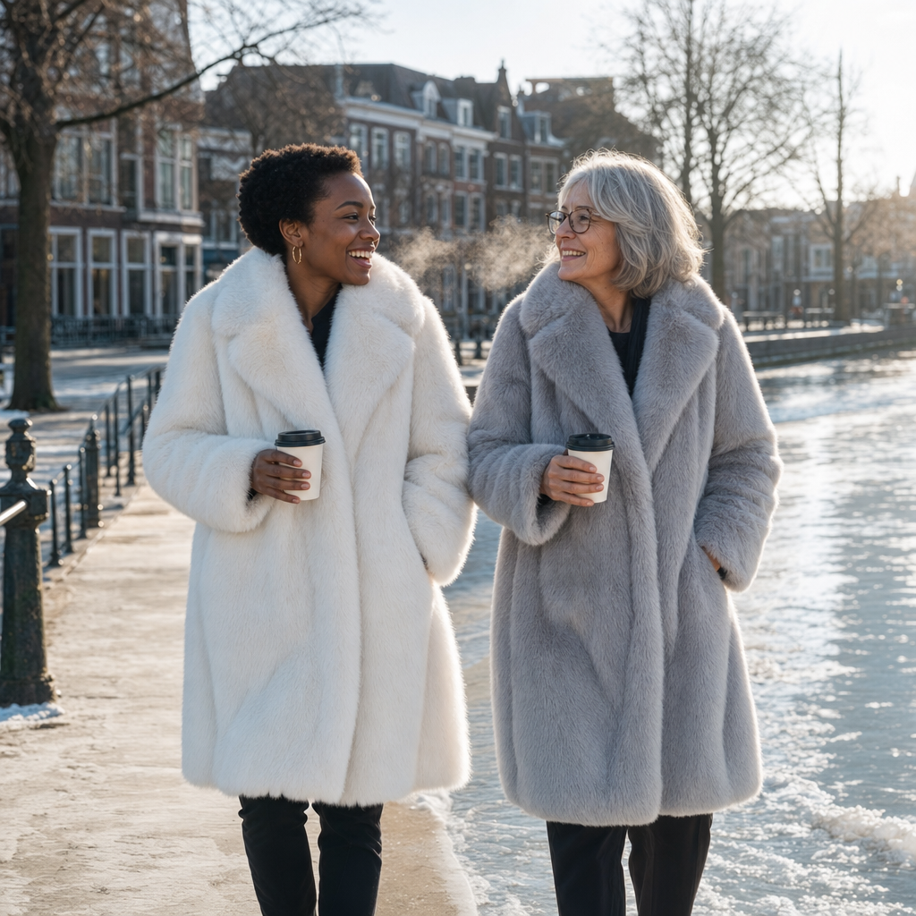 De bontjas in wit en grijs langs een bevroren gracht