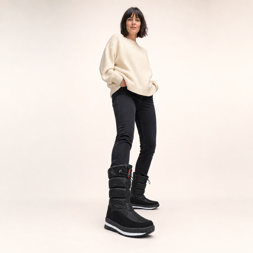Snowboots in zwart op model in de studio