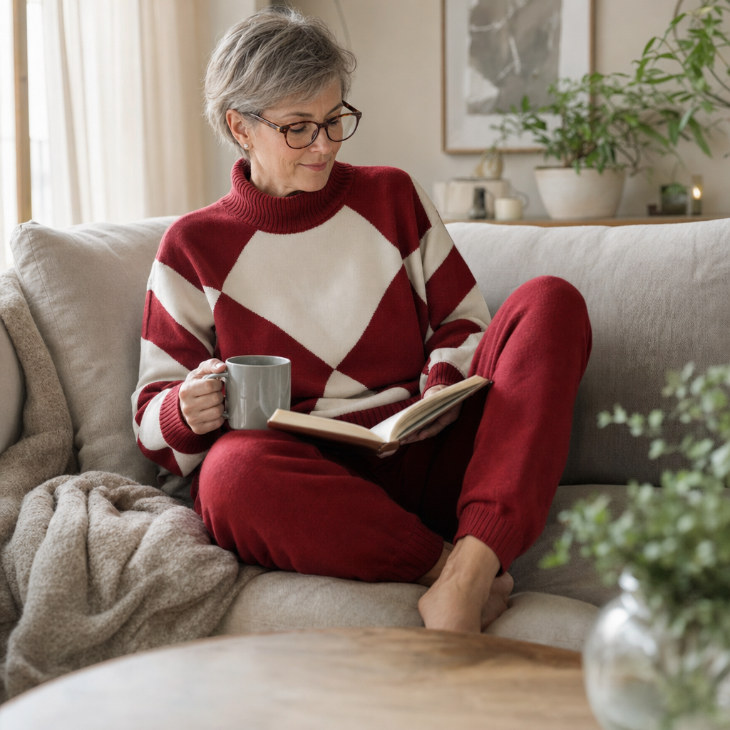 Loungeset in karmijnrood, gedragen op de bank met een boek