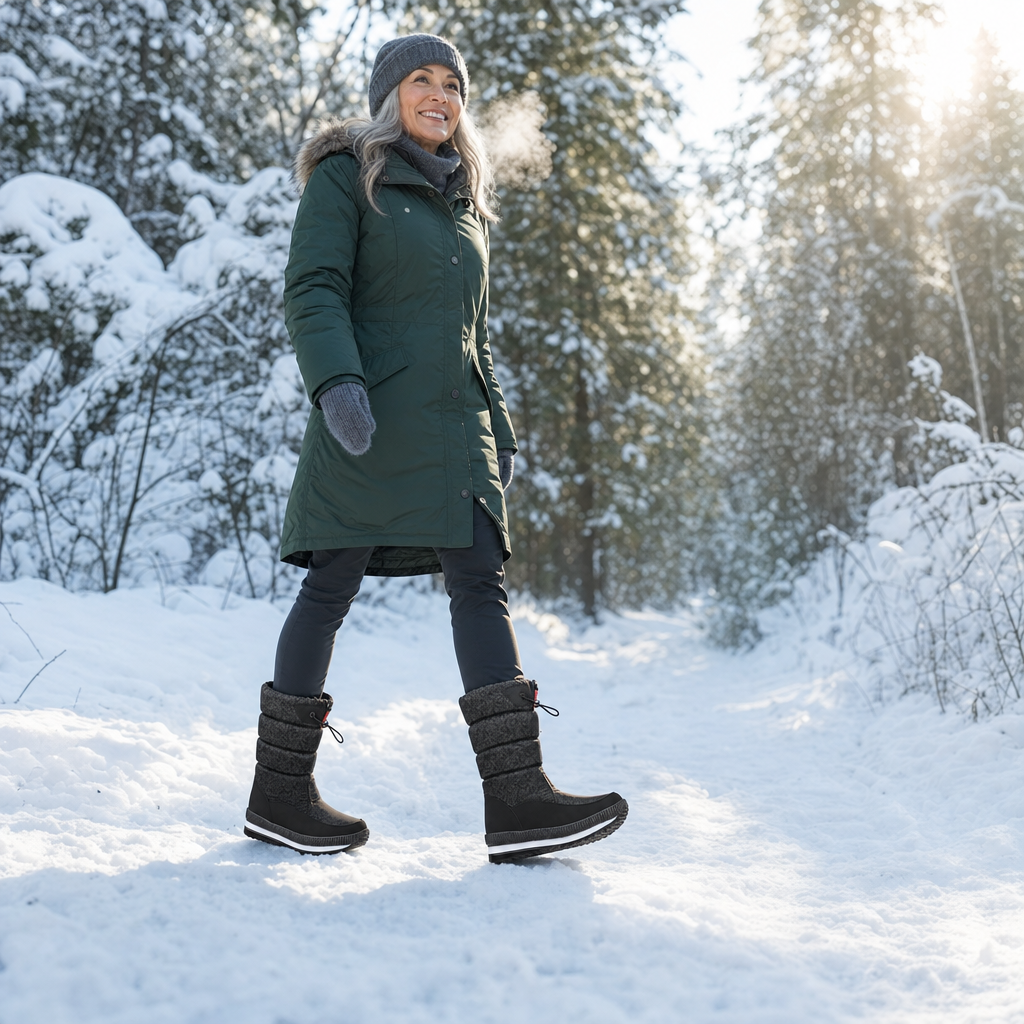 Snowboots met patroon tijdens een winterwandeling door het bos