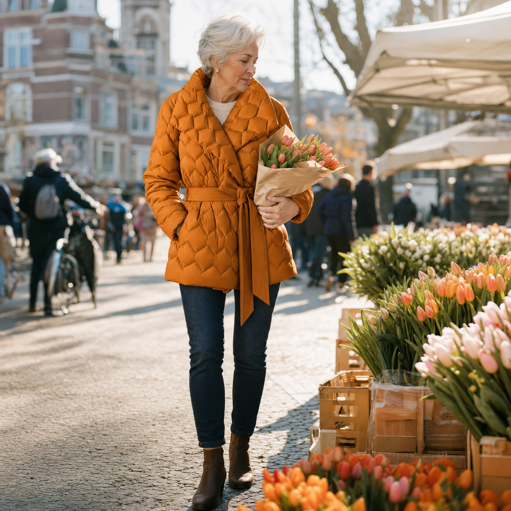 Donsjas in amberoranje op de bloemenmarkt