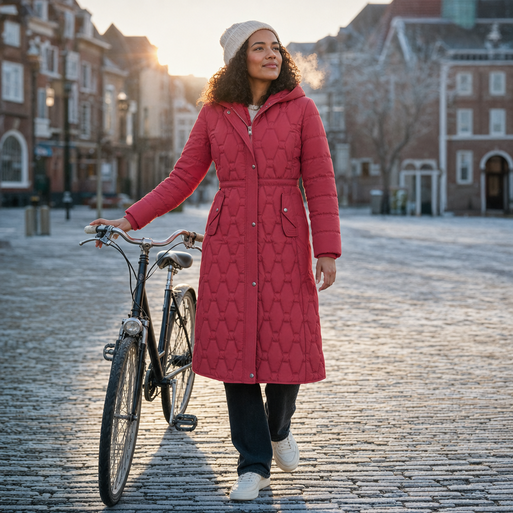 Winterjas in rozerood met de fiets op een winterochtend