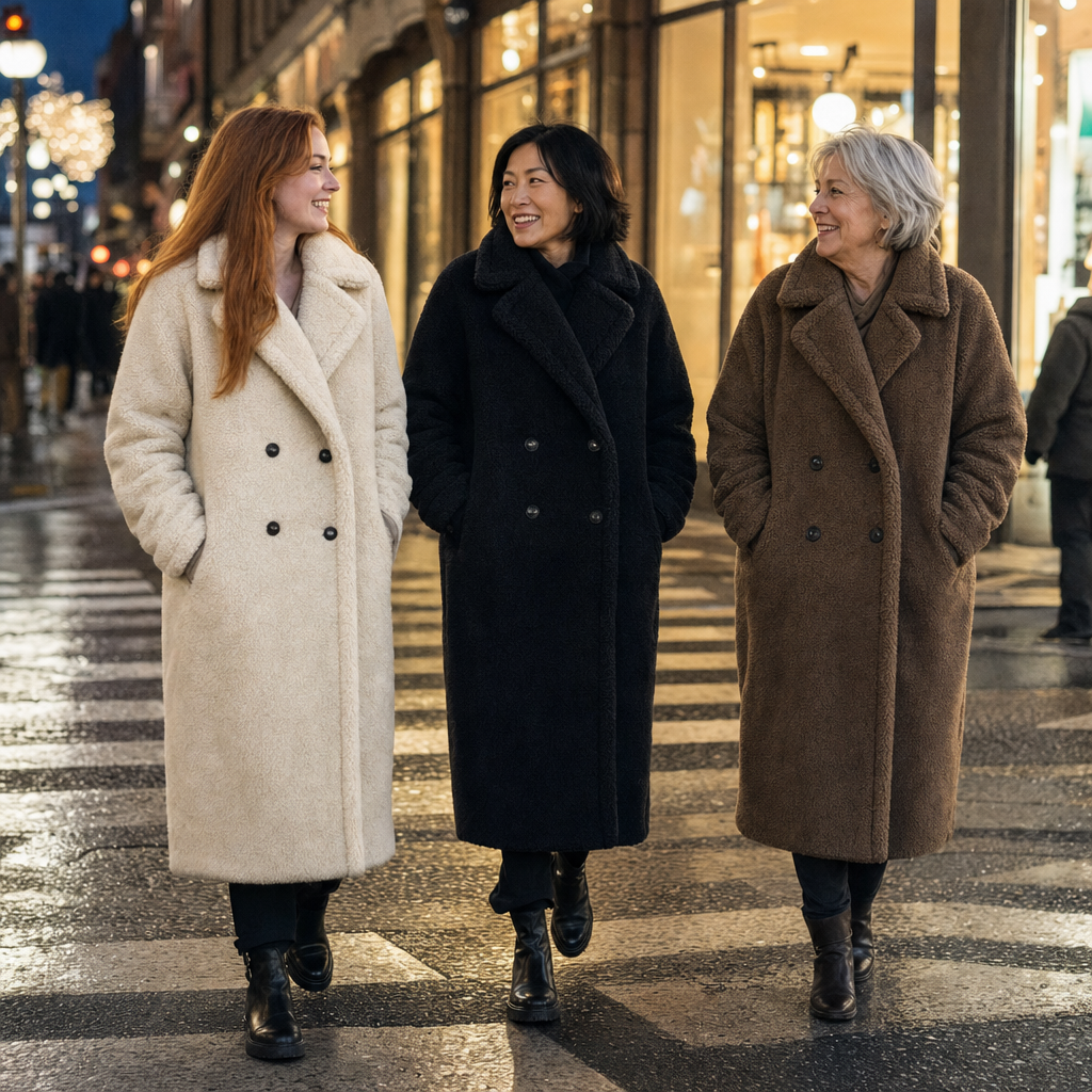 De teddy jas in beige, zwart en bruin op een winteravond in de stad