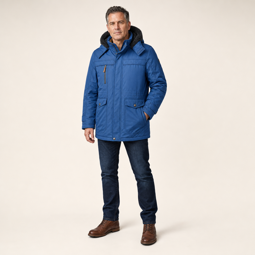 Heren winterjas in blauw op model in de studio