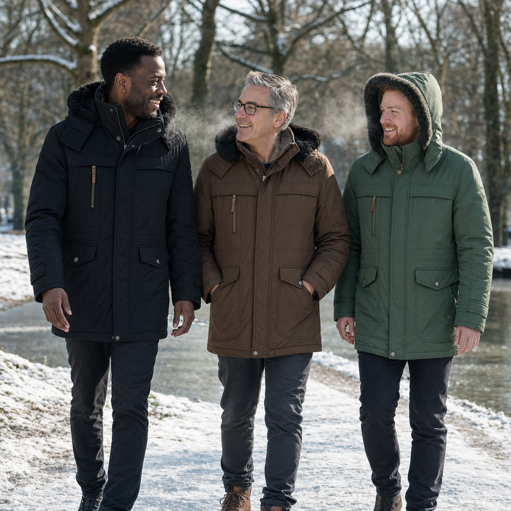 De winterjas in zwart, bruin en groen in een besneeuwd park