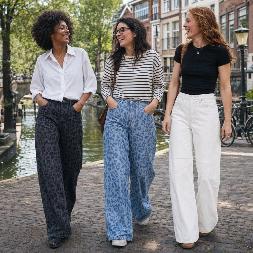 Drie vrouwen in de wide-leg jeans in zwart, lichtblauw en wit aan de gracht