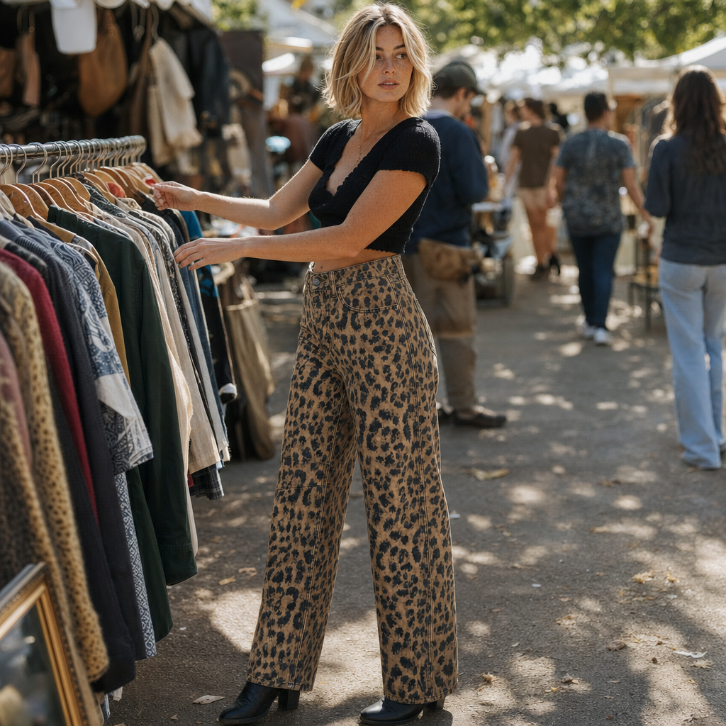 Wide-leg jeans met luipaardprint gedragen op een vintage markt