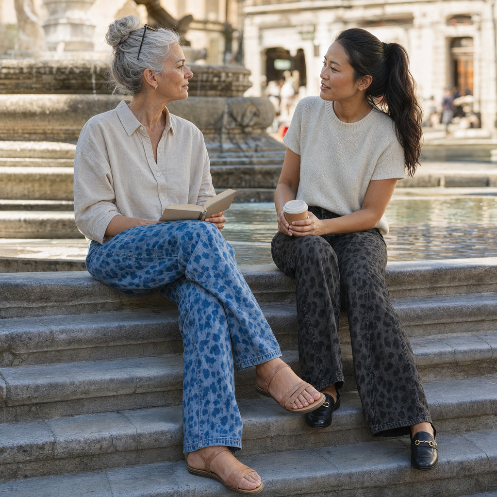 Twee vrouwen in de wide-leg jeans in blauw en zwart bij een fontein