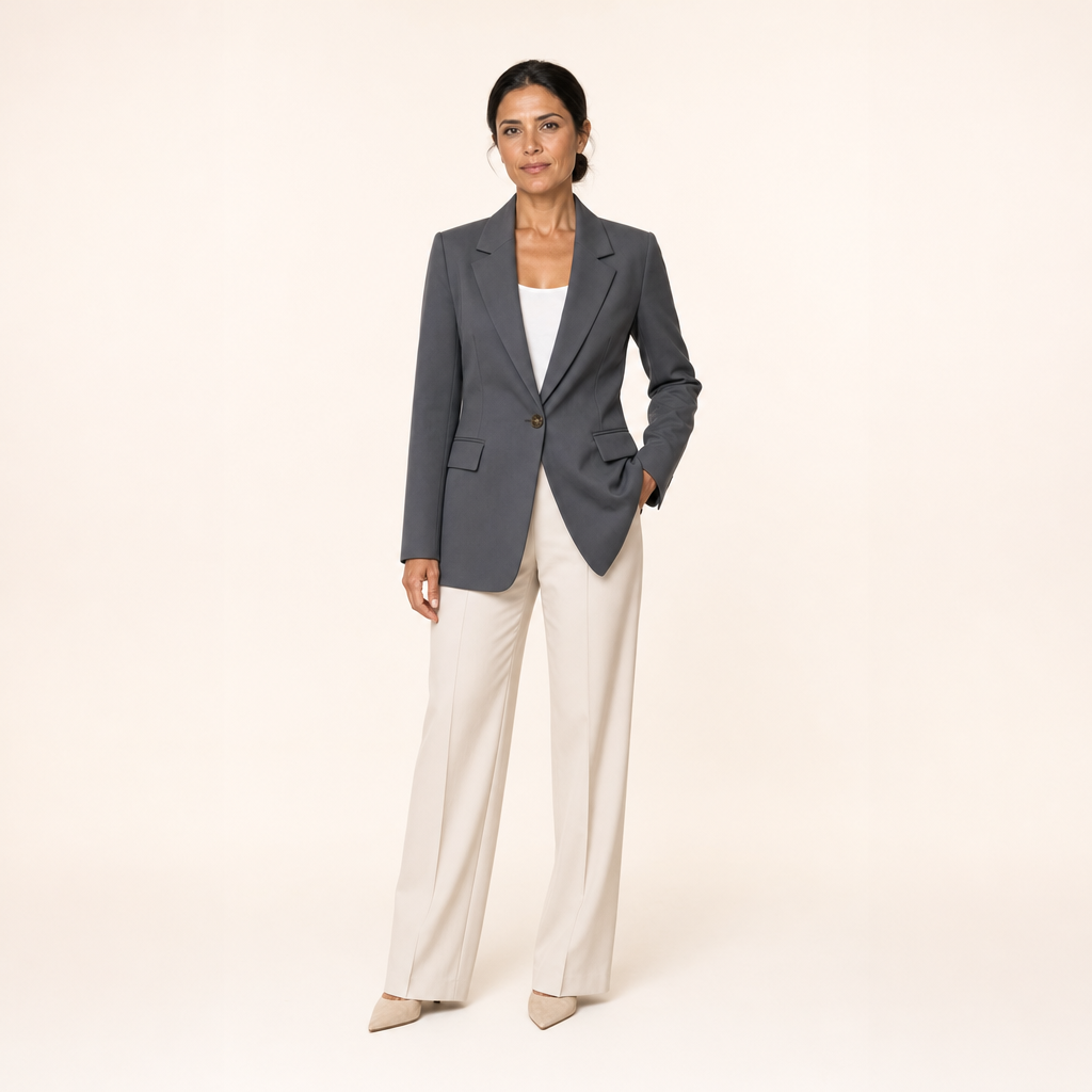 Lange blazer dames in donkergrijs op model in de studio