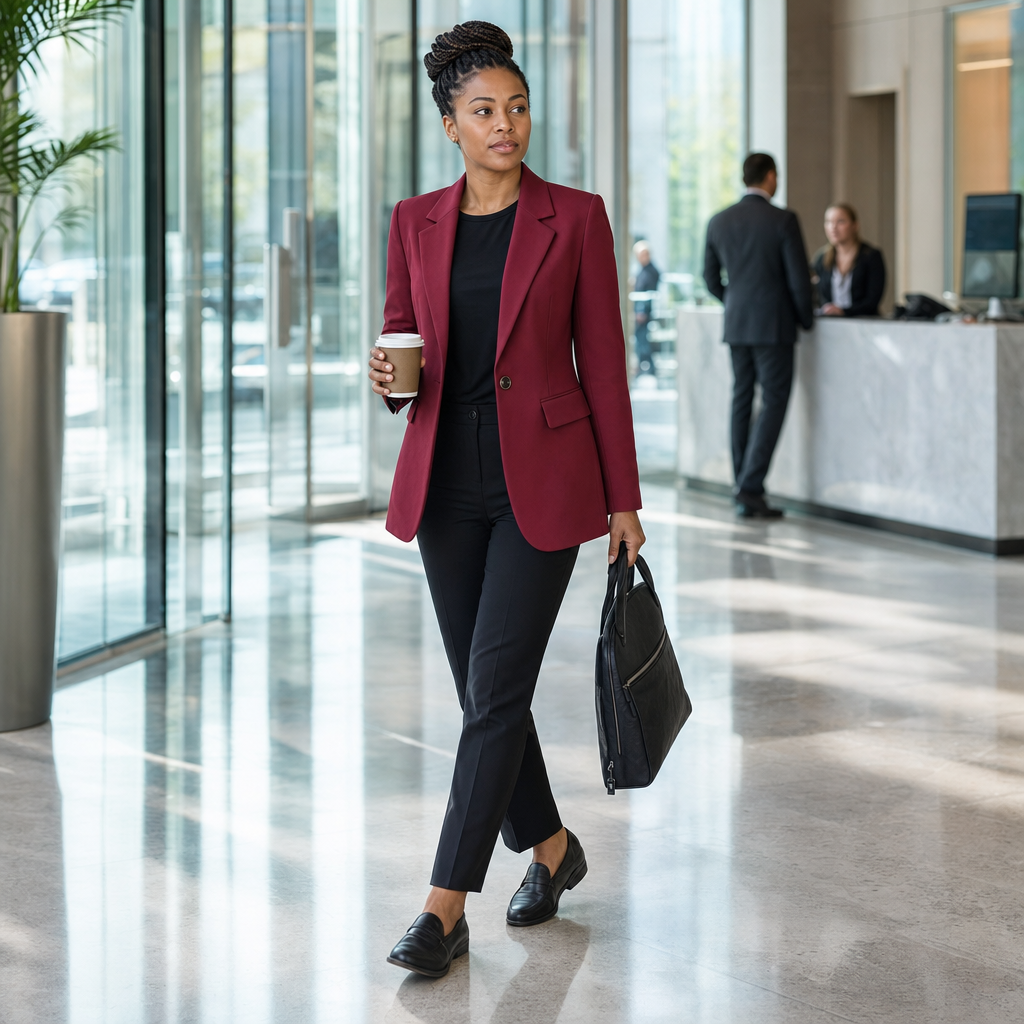Lange blazer dames in wijnrood gedragen in een kantoorlobby