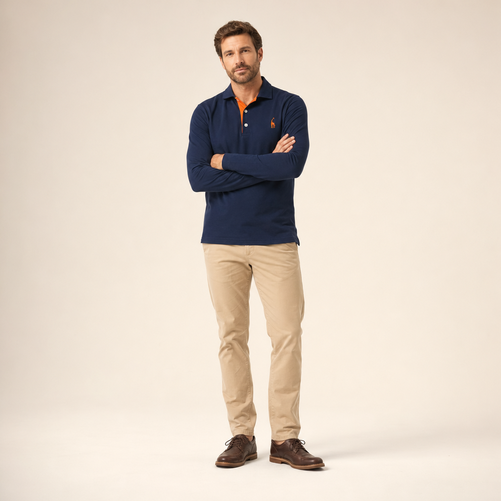 Heren polo met lange mouw in navy op model in de studio