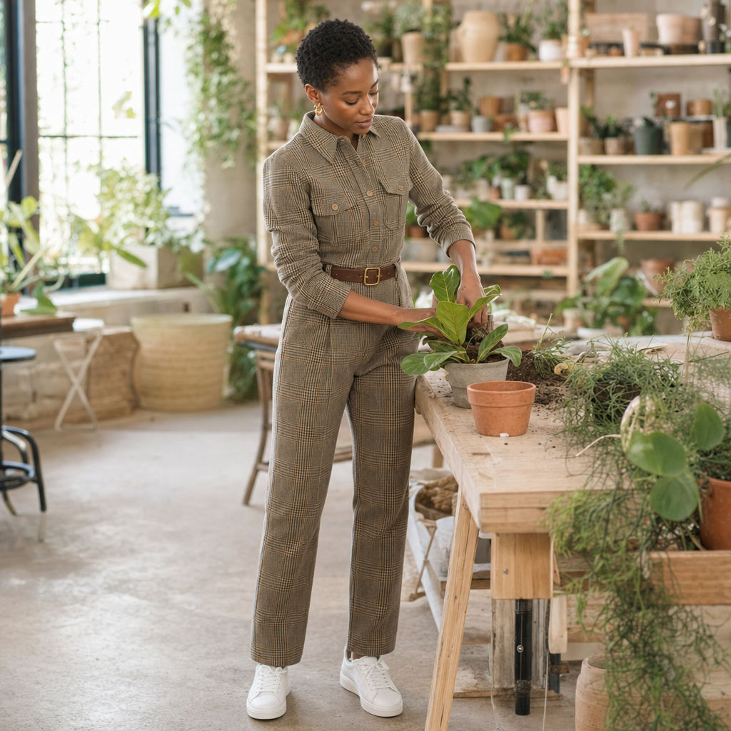 Geruite utility jumpsuit gedragen in een plantenwinkel