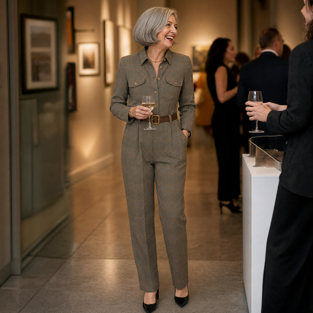 Geruite utility jumpsuit gedragen op een galerieopening