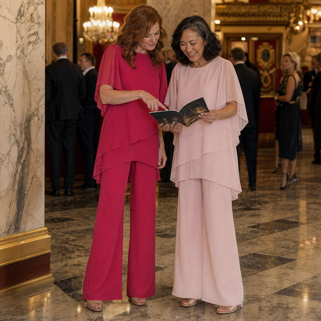 Twee vrouwen in de tweedelige set in rozerood en roze in een theaterfoyer