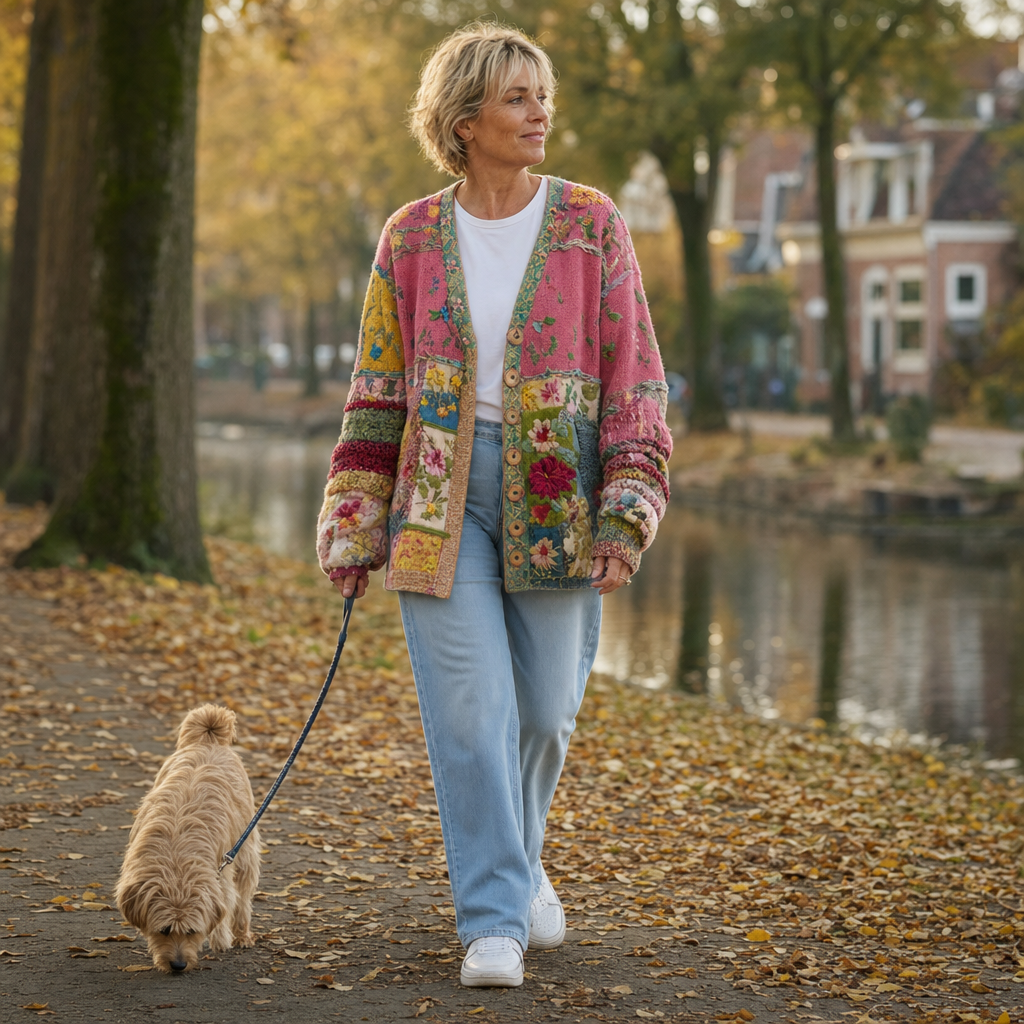 Patchworkvest gedragen tijdens een herfstwandeling langs de gracht