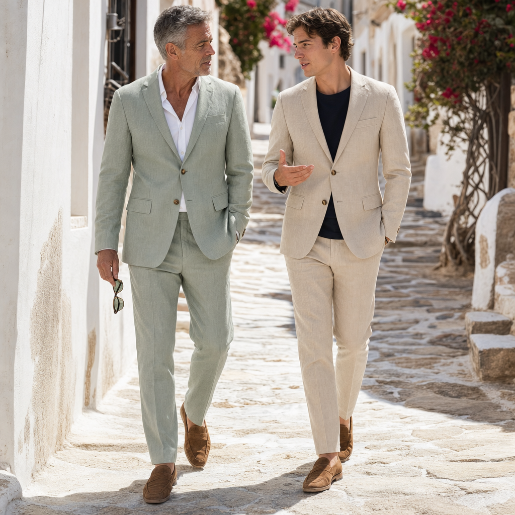 Twee mannen in het linnen pak in groen en beige in een mediterraan straatje