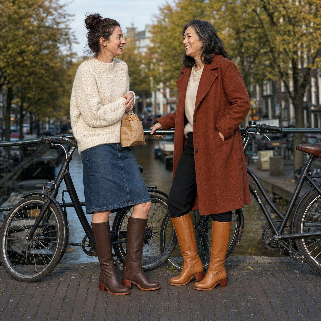 Twee vrouwen in de knielaarzen in donkerbruin en lichtbruin met de fiets op een brug