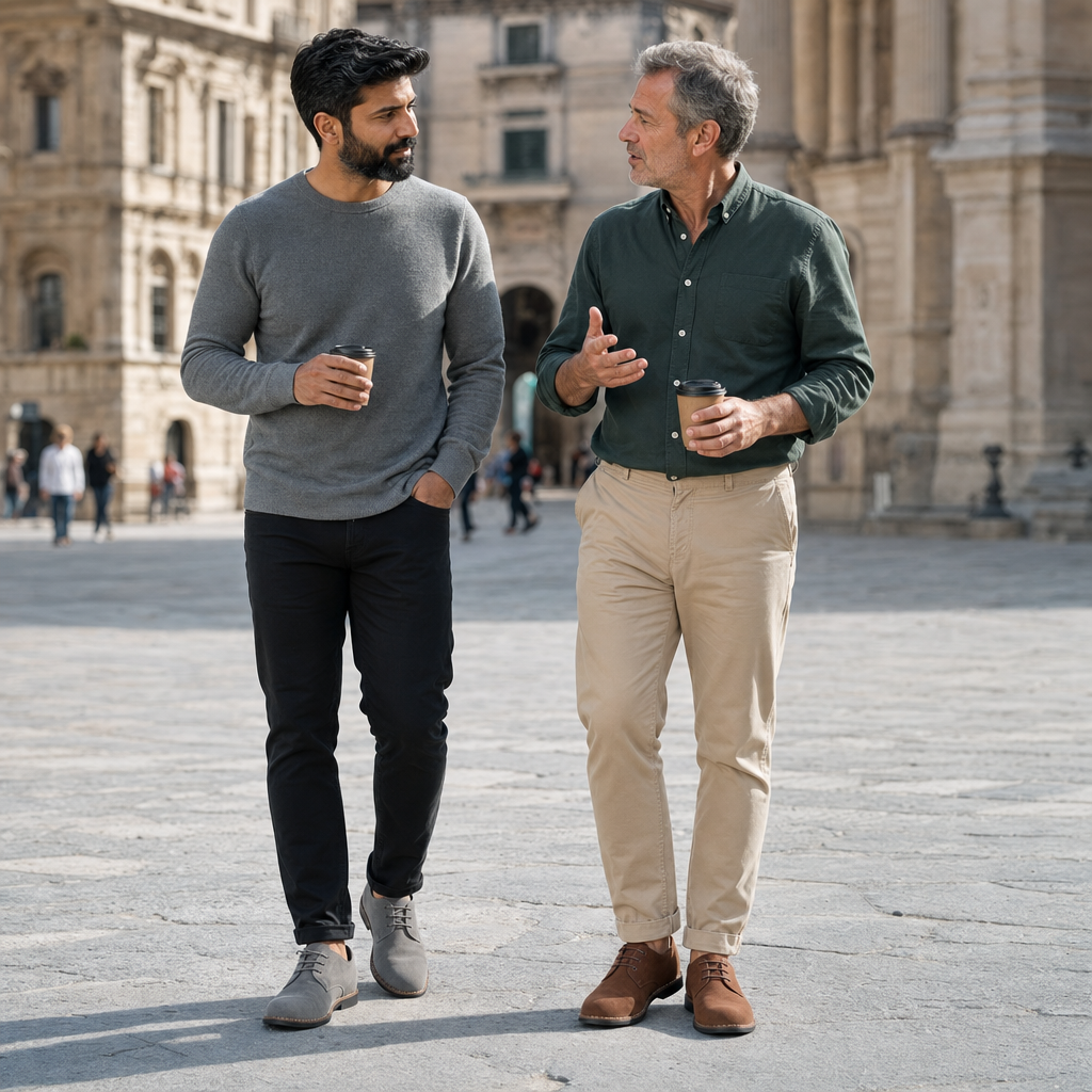 Twee mannen in de oxford schoenen in grijs en bruin op een stadsplein