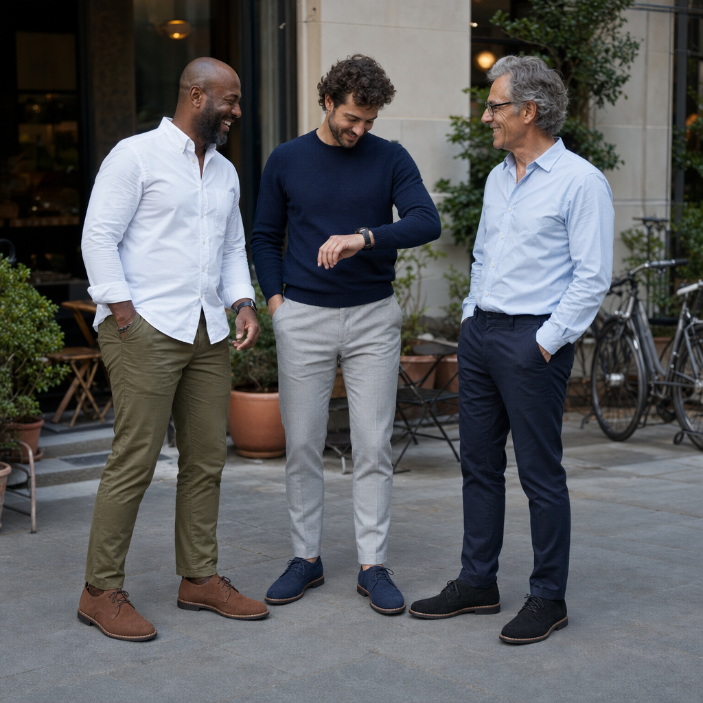 Drie mannen in de oxford schoenen in bruin, blauw en zwart voor een restaurant
