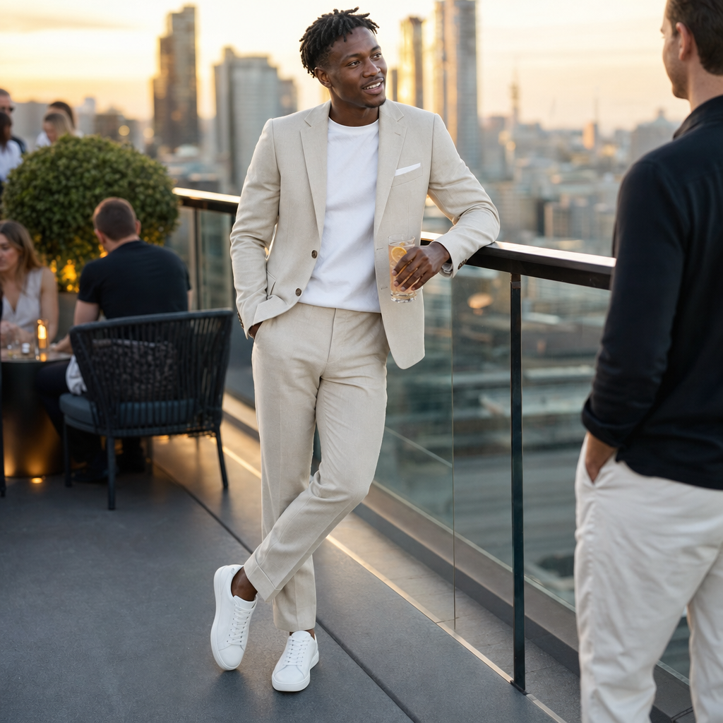Slim fit linnen zomerpak in beige gedragen in een rooftopbar