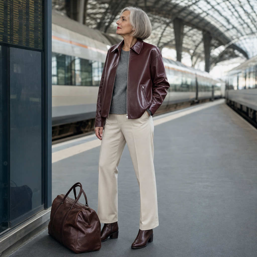 Kort bordeauxrood damesjack gedragen op het station