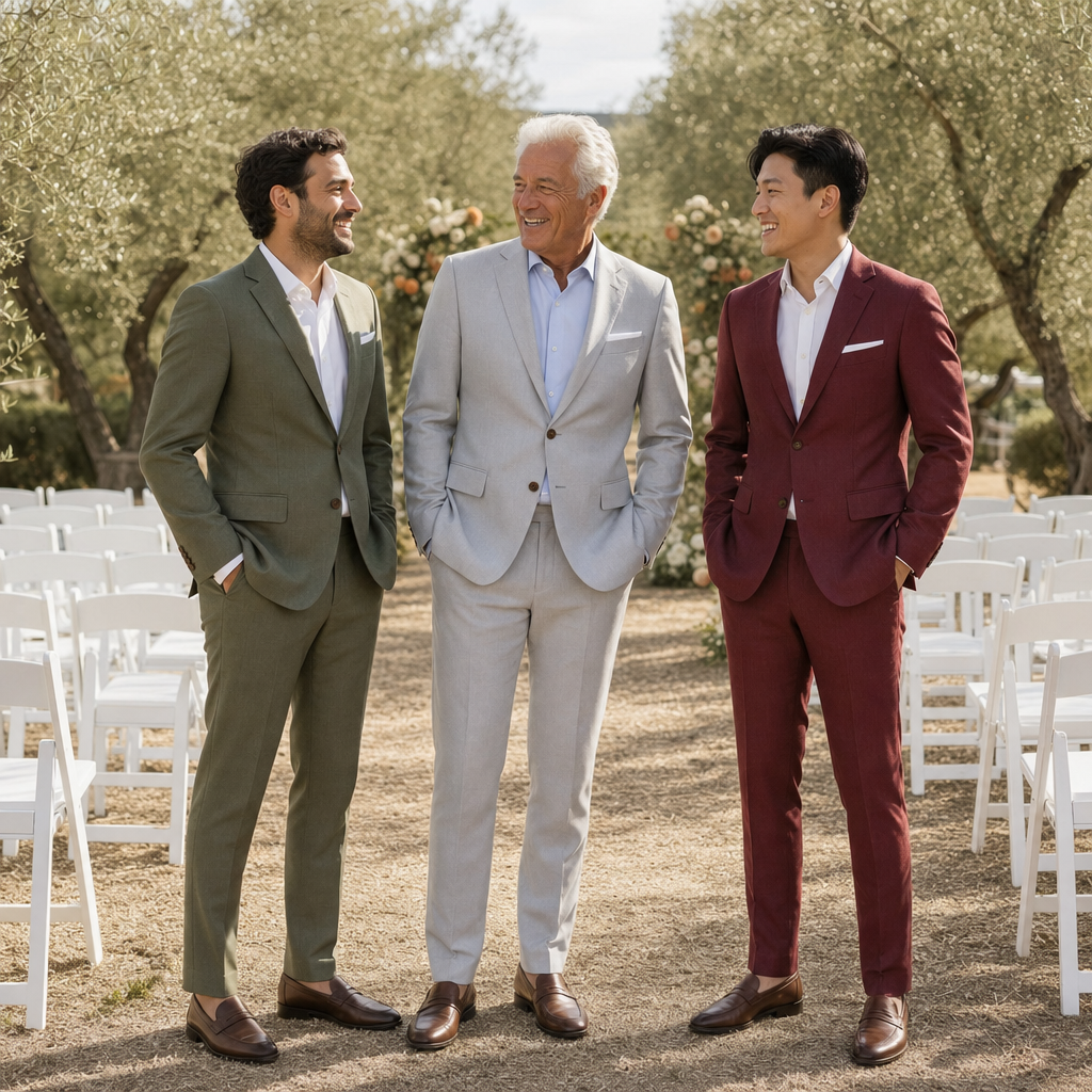 Drie mannen in het linnen zomerpak in olijfgroen, lichtgrijs en donkerrood op een zomerbruiloft