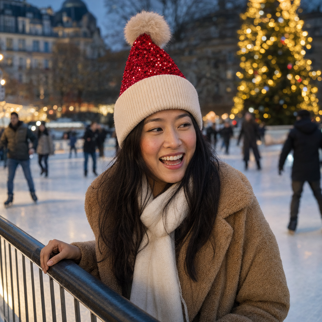 Kerstmuts met pailletten in rood gedragen op de schaatsbaan