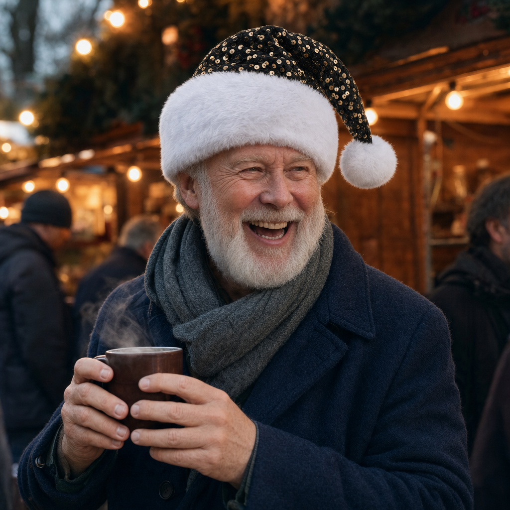 Kerstmuts met pailletten in zwart met goud gedragen op de kerstmarkt