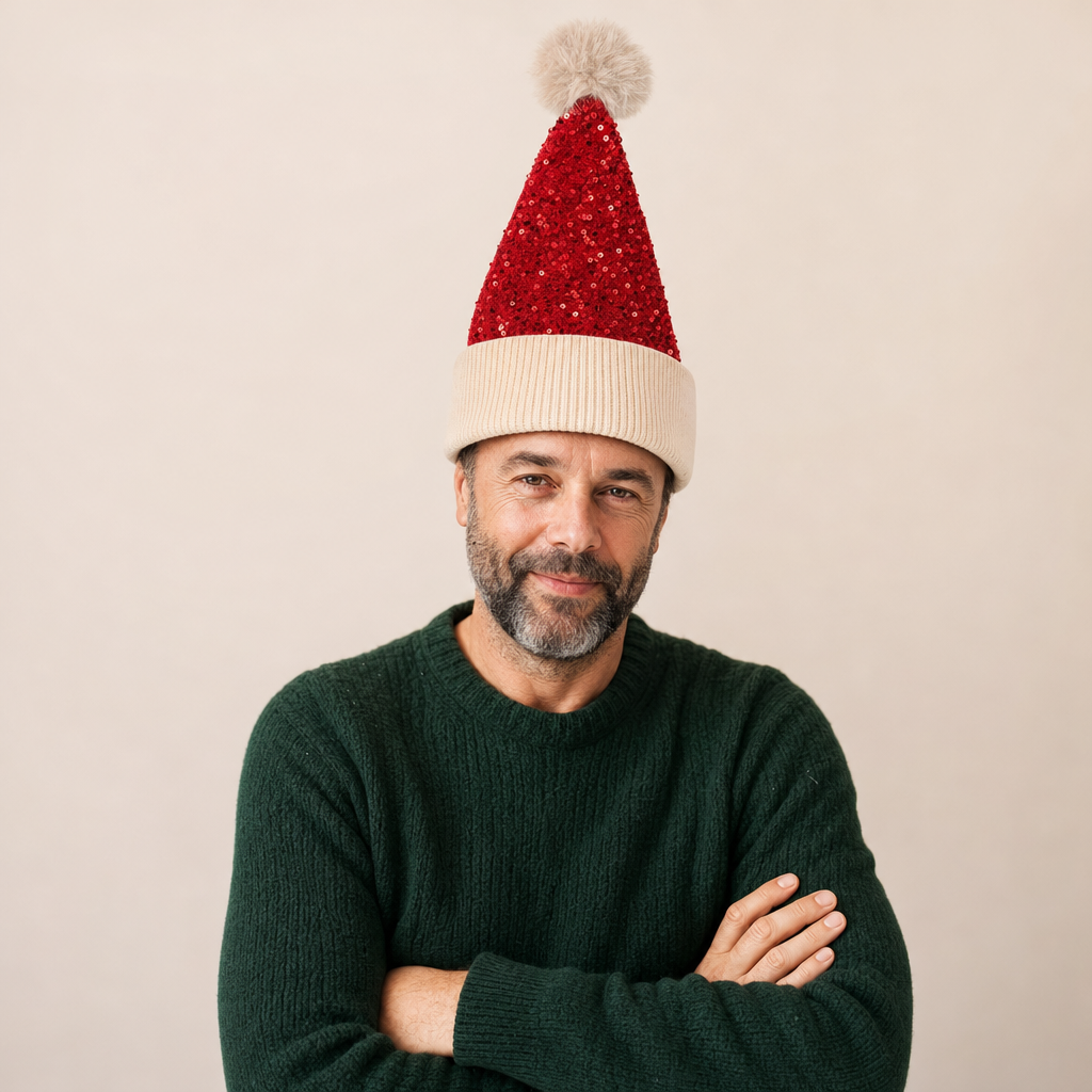Kerstmuts met pailletten in rood op mannelijk model in de studio