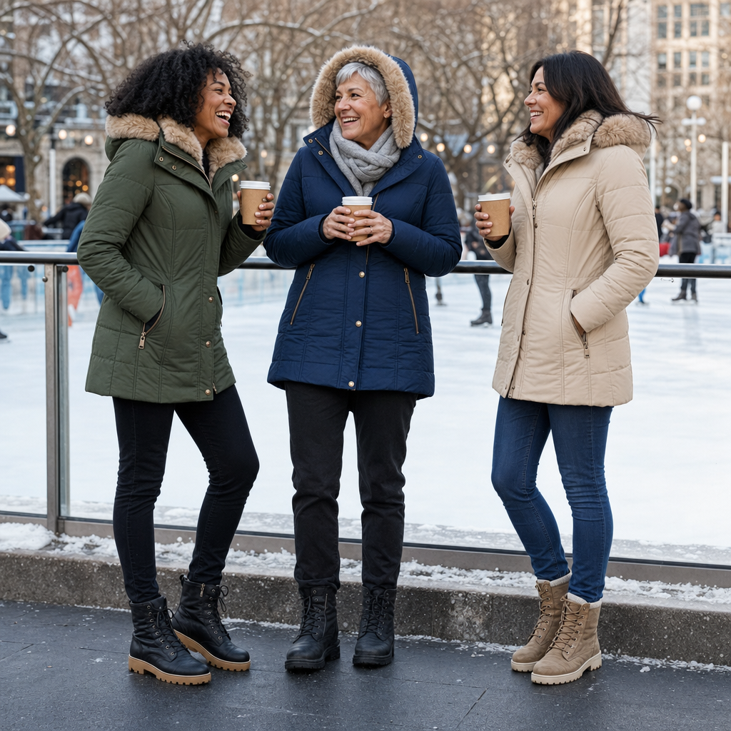 Drie vrouwen in de gewatteerde winterjas in groen, donkerblauw en beige bij de schaatsbaan
