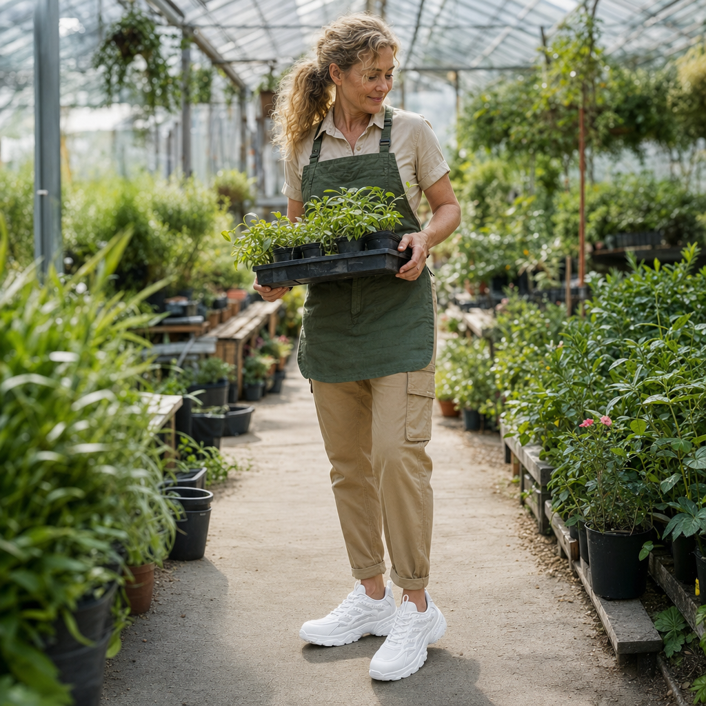 Werksneakers in wit gedragen in een tuincentrum