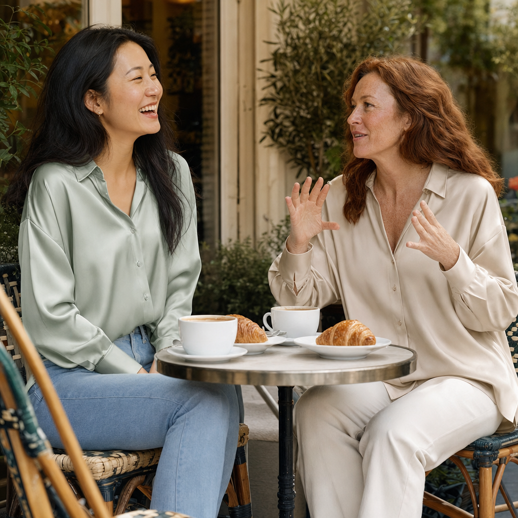 Twee vrouwen in de satijnen blouse in groen en beige tijdens een brunch
