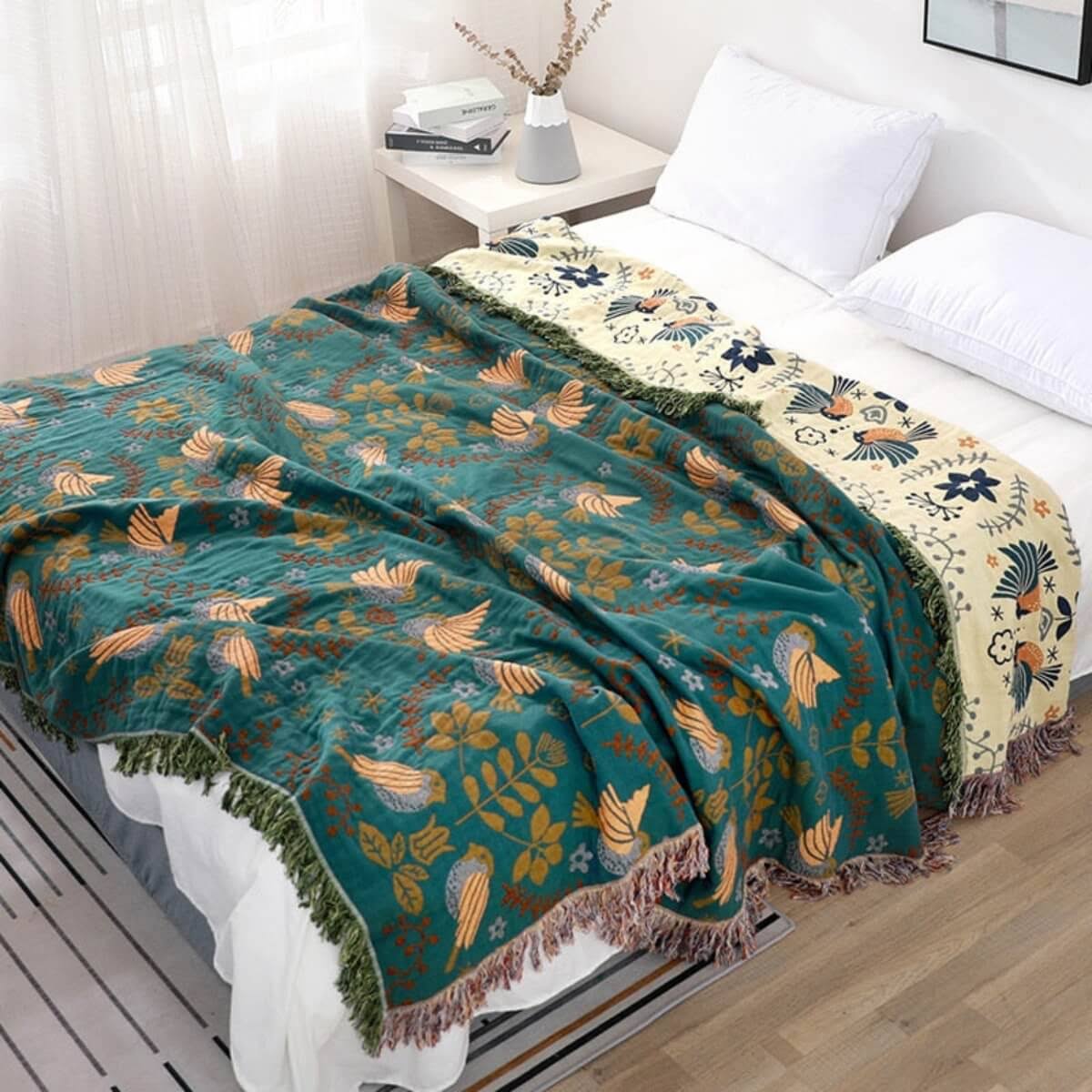 Omkeerbare Scandinavische vogel plaid deken - Dinav Rood-beige / Queen (200 x 230 cm / 79 x 91in)