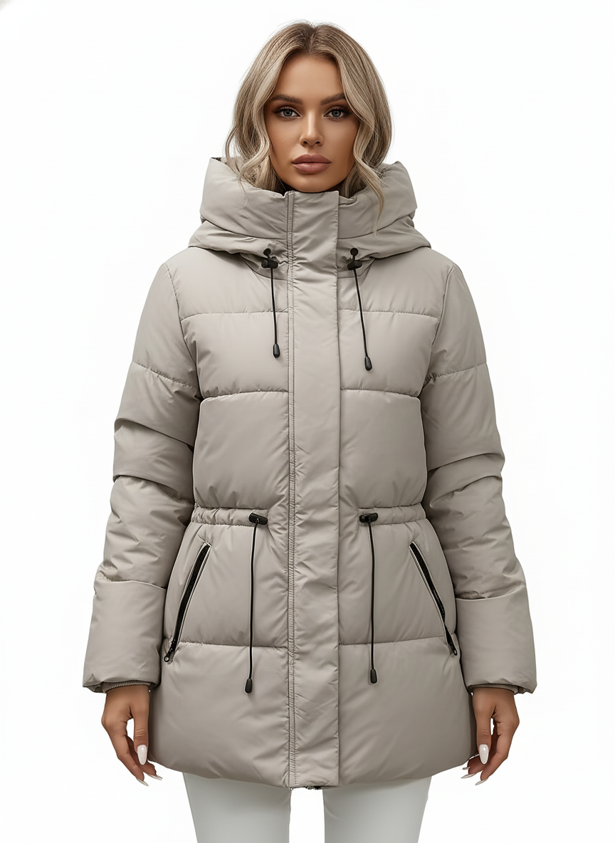 Visconte | Dames Mid-Length Winterjas | Polyester met fleecevoering, gouden accenten, piping detail, warme beige jas