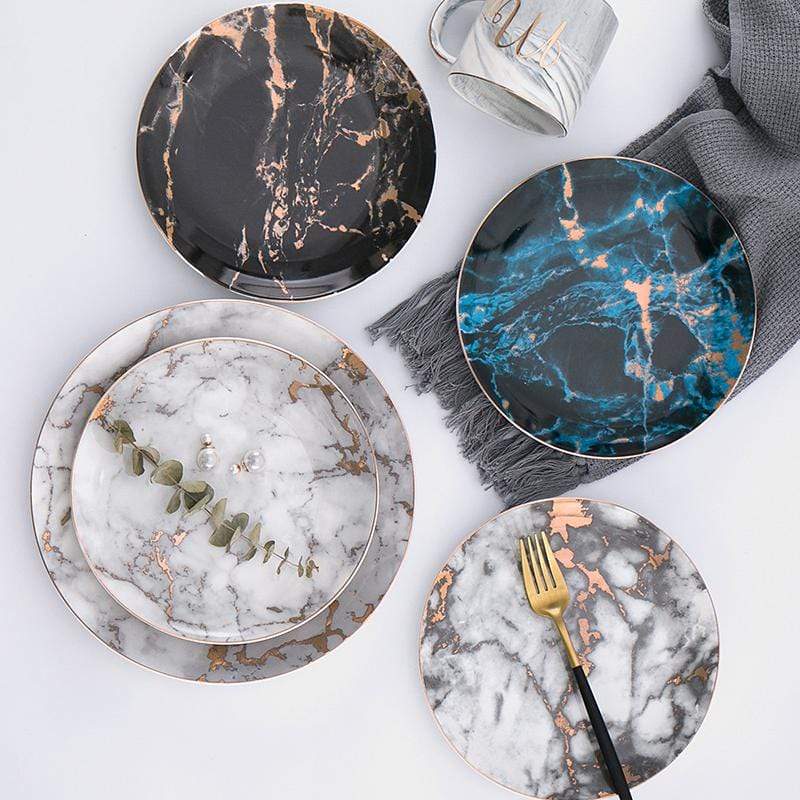 Michaelangelo | Luxe Marmeren Porseleinen Borden met Gouden Rand – Dessert-, Steak- & Dinerborden