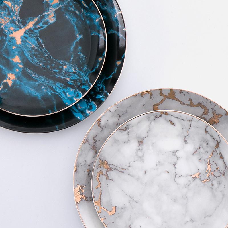 Michaelangelo | Luxe Marmeren Porseleinen Borden met Gouden Rand – Dessert-, Steak- & Dinerborden