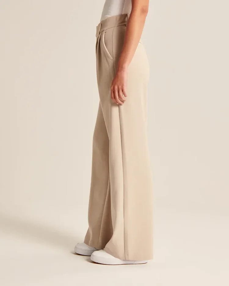 Flared Beige Broek met Hoge Taille Dames - Slimfit - Vintage Charme - Essential Elegance