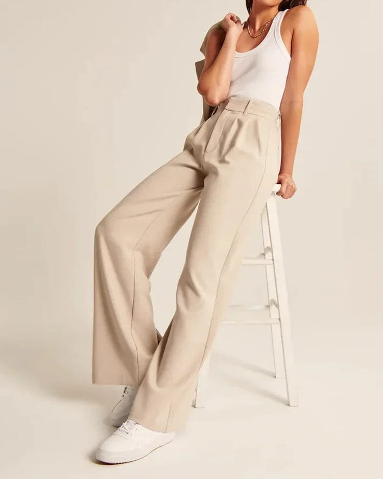 Flared Beige Broek met Hoge Taille Dames - Slimfit - Vintage Charme - Essential Elegance